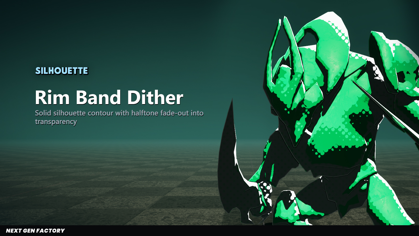 Rim Band Dither: solid silhouette contour with halftone fade-out into transparency